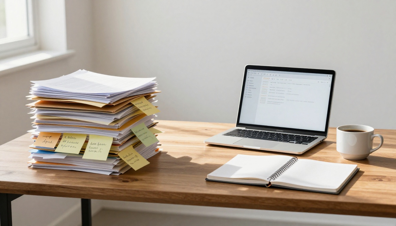 Side-by-side desk showing a chaotic paper stack on the left versus a single clean laptop and notebook on the right