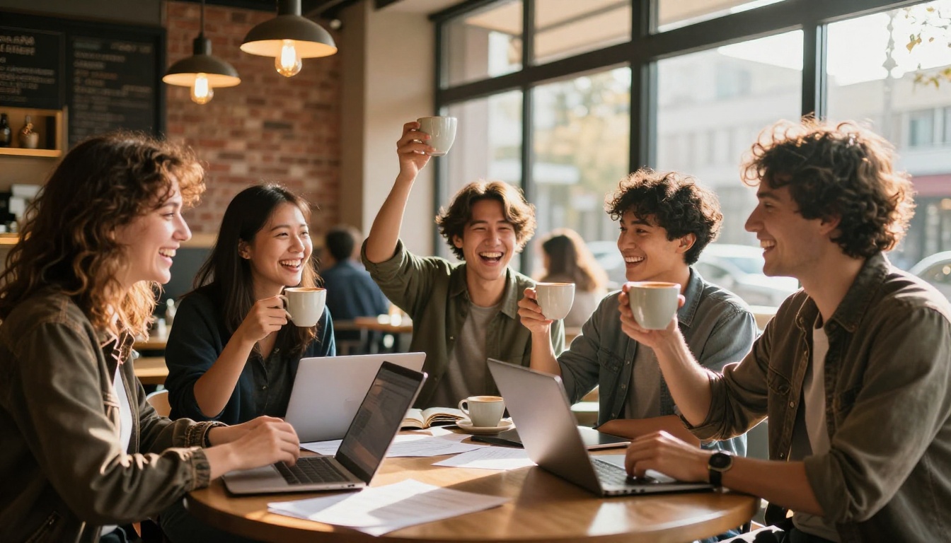 Startup founders celebrating around a cafe table with open laptops and coffee cups, genuine laughter