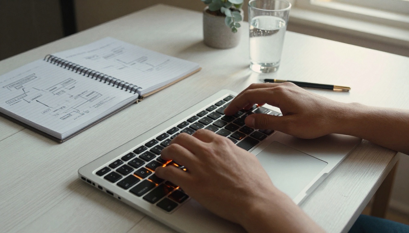 Close-up overhead shot of a freelancer's hands mid-keystroke on a mechanical keyboard, spiral notebook and eucalyptus plant beside the laptop Close-up overhead shot of a freelancer's hands mid-keystroke on a mechanical keyboard, spiral notebook and eucalyptus plant beside the laptop