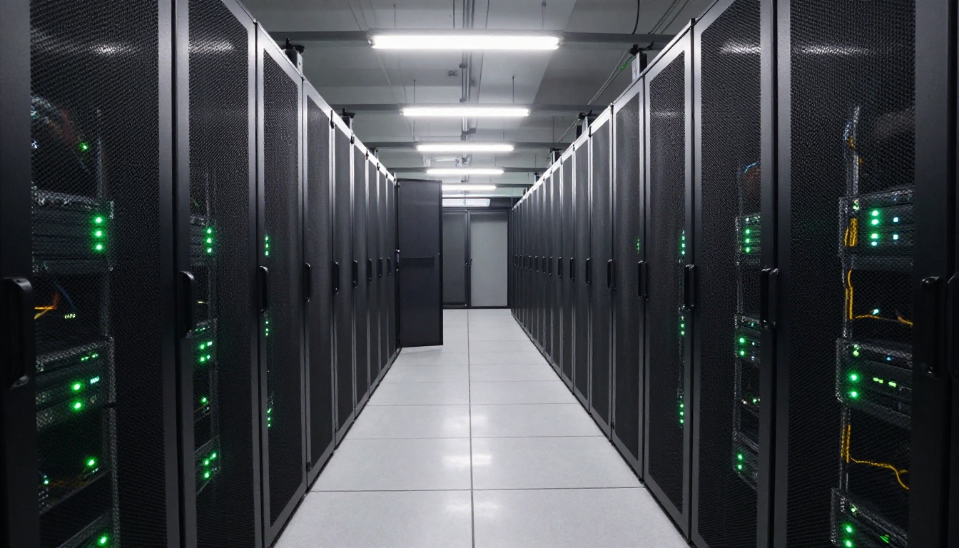 Wide view of a professional data center corridor with server racks