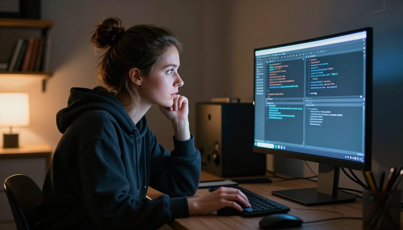 A focused young woman freelance developer reviewing code on a large ultra-wide monitor late at night, screen glow on her face A focused young woman freelance developer reviewing code on a large ultra-wide monitor late at night, screen glow on her face