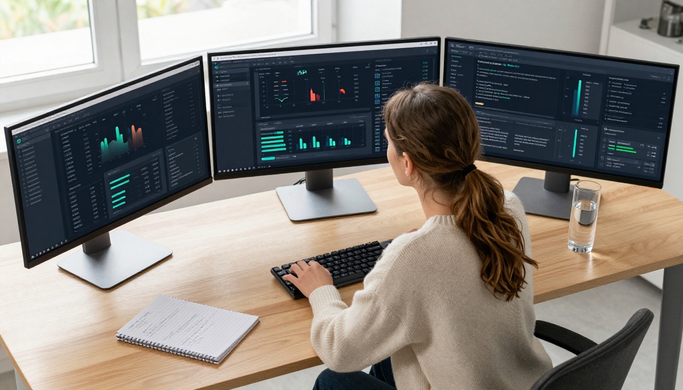 Aerial view of developer at multi-monitor setup with API cost dashboard