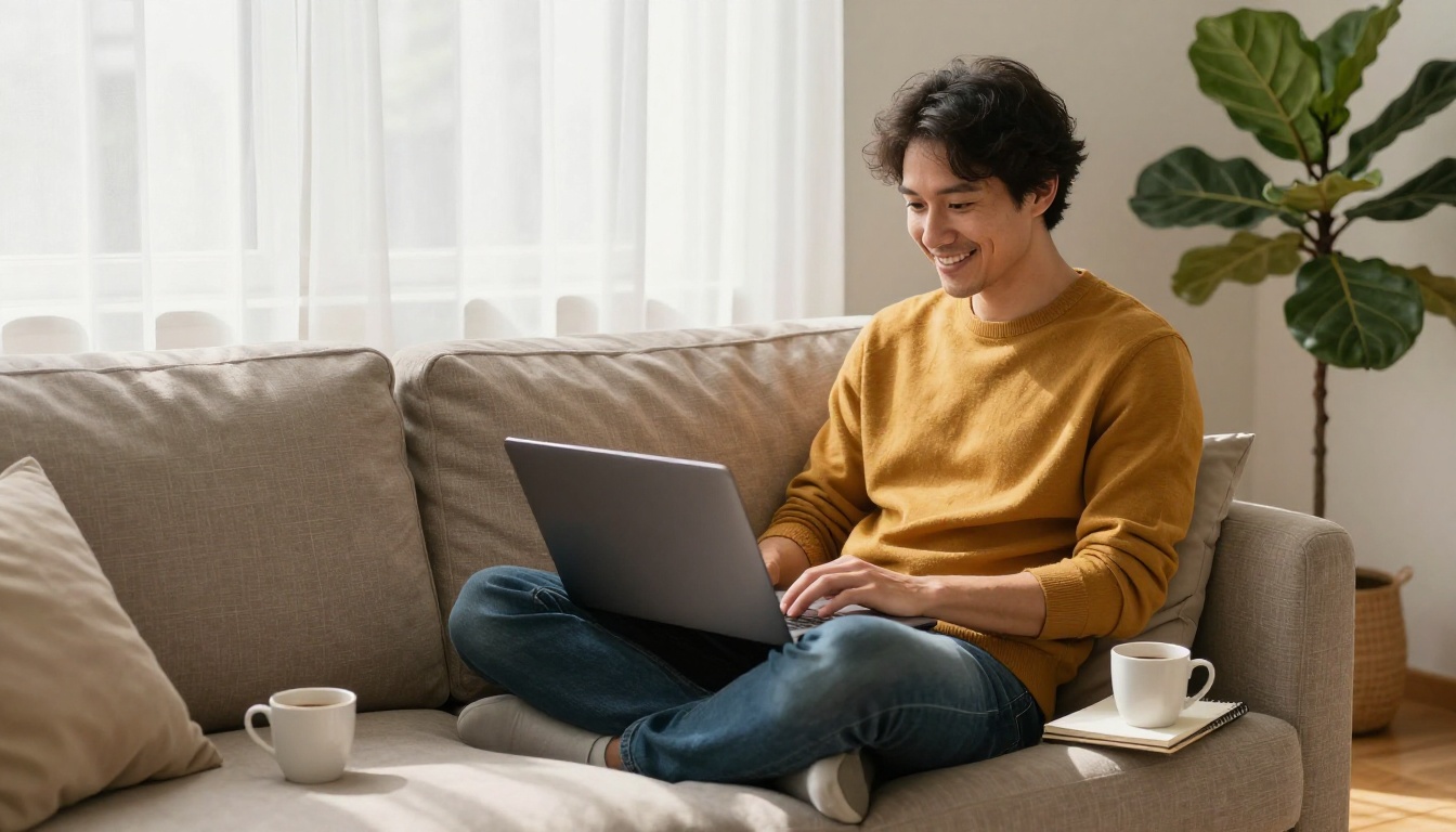 A freelance developer sitting cross-legged on a sofa with a laptop, afternoon light flooding through white curtains, smiling at the screen A freelance developer sitting cross-legged on a sofa with a laptop, afternoon light flooding through white curtains, smiling at the screen