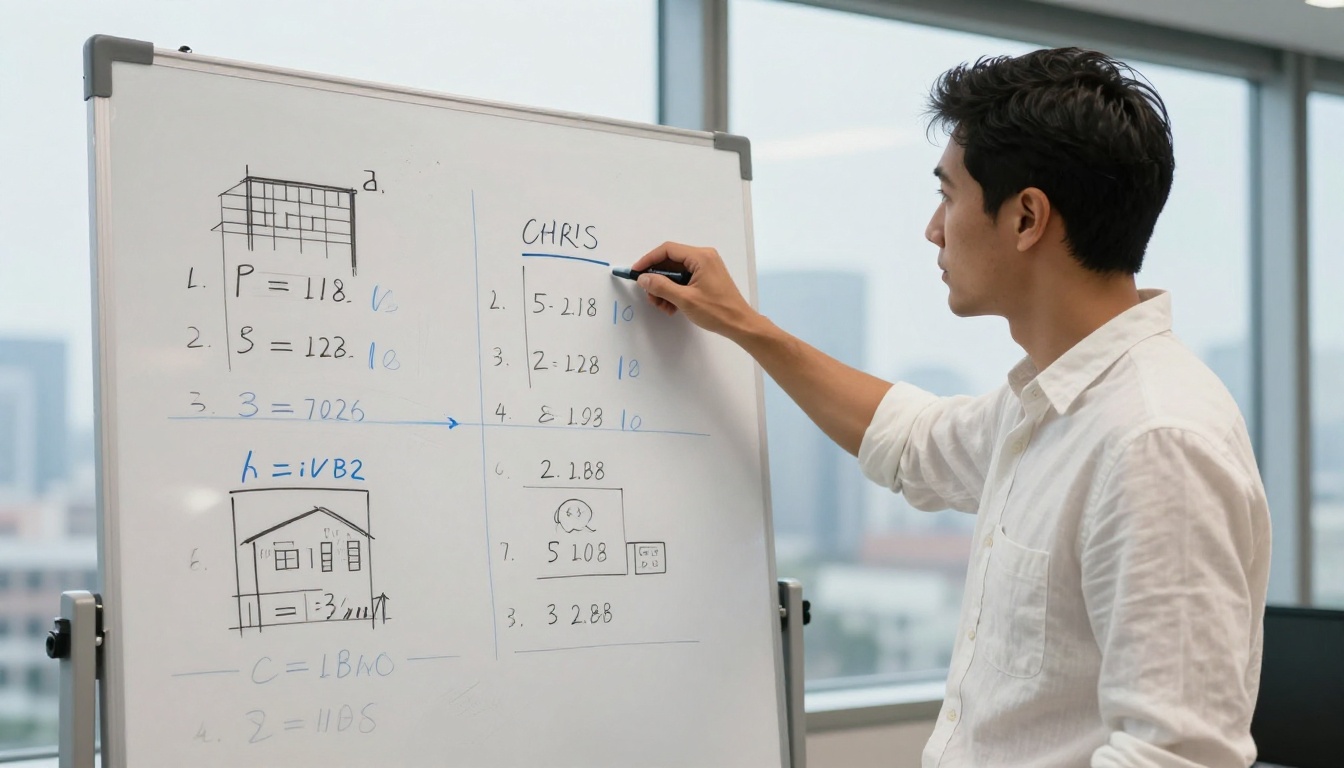 Developer at whiteboard with cost comparison charts and architecture diagrams