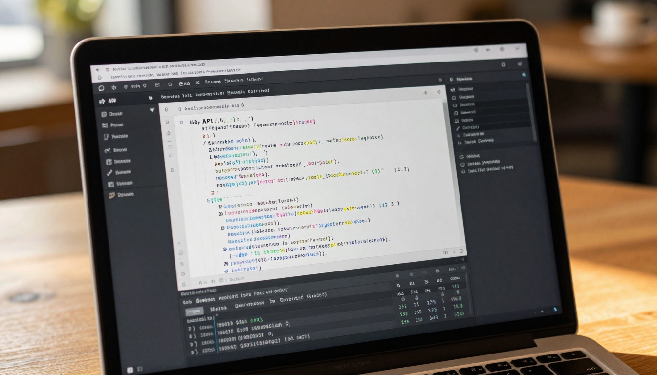 Medium close-up of a laptop screen showing code editor with token statistics in terminal