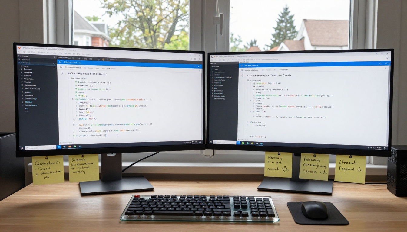 A compact developer workspace with a secondary monitor displaying an AI chat interface alongside code snippets, natural overcast daylight A compact developer workspace with a secondary monitor displaying an AI chat interface alongside code snippets, natural overcast daylight