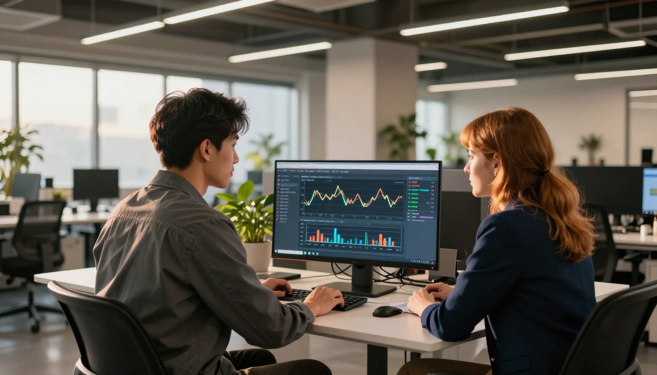 Wide shot of two developers collaborating at a standing desk reviewing system metrics