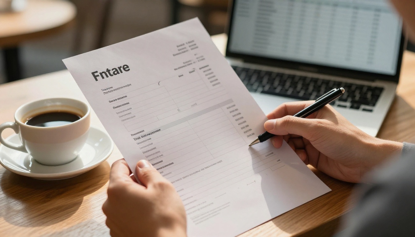 A freelance developer reviewing a printed contract at a cafe table, flat white coffee beside the papers, morning light through cafe window A freelance developer reviewing a printed contract at a cafe table, flat white coffee beside the papers, morning light through cafe window
