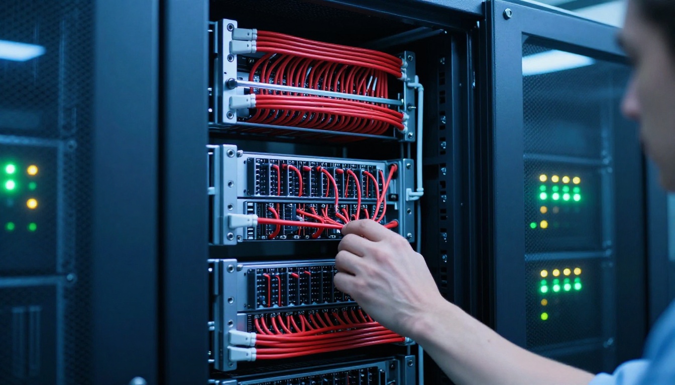 Close-up of server rack interior with circuit boards and cable management