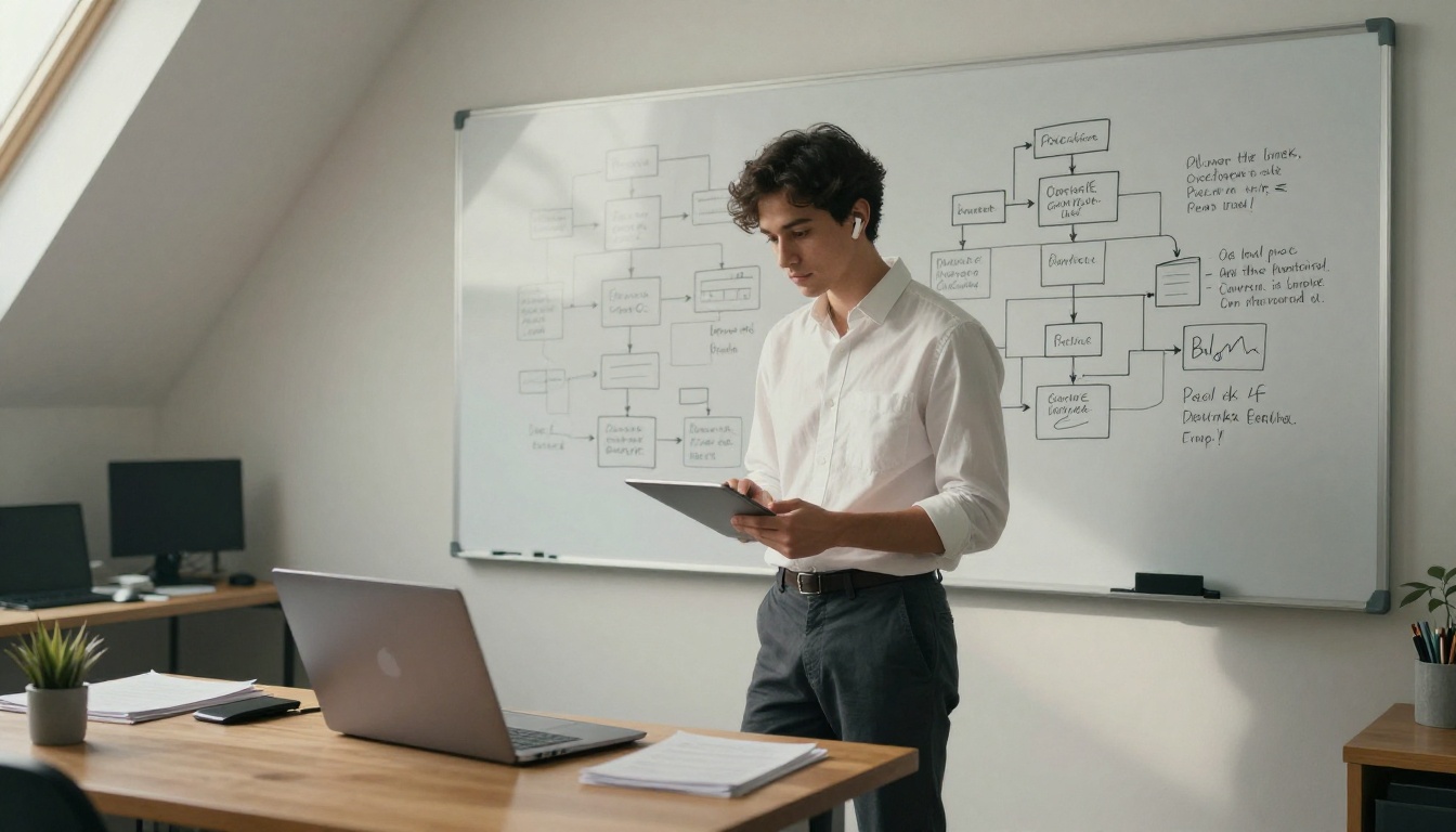 A freelance developer standing at a standing desk with a whiteboard of hand-drawn system architecture diagrams behind them, skylight illumination from above A freelance developer standing at a standing desk with a whiteboard of hand-drawn system architecture diagrams behind them, skylight illumination from above