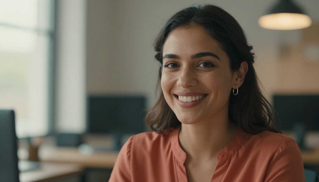 A smiling female freelance developer looking directly at camera with confidence and warmth, blurred warm bokeh workspace in background A smiling female freelance developer looking directly at camera with confidence and warmth, blurred warm bokeh workspace in background