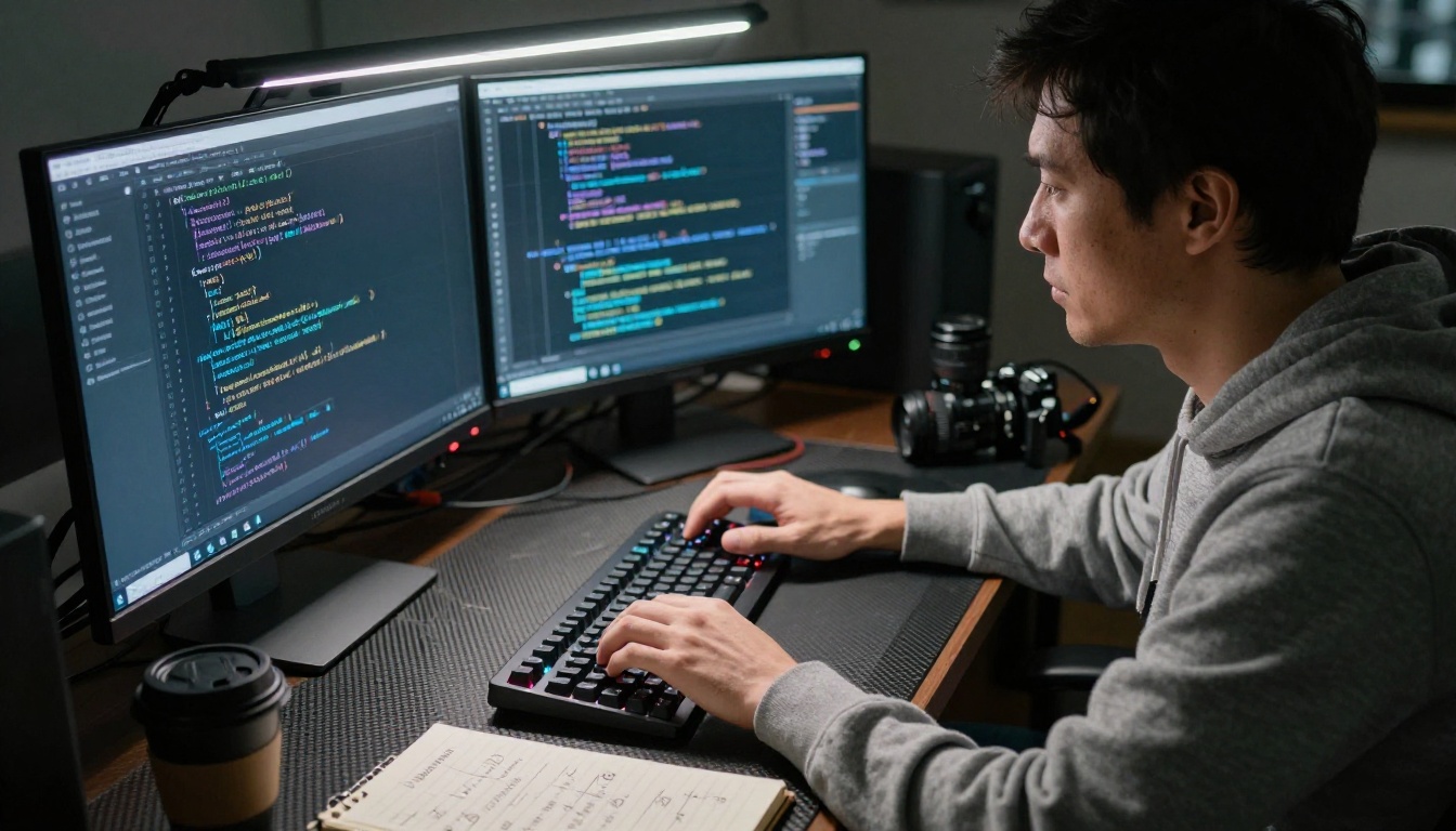 Developer sitting at a mechanical keyboard workstation with code and AI completion suggestions on a 4K monitor