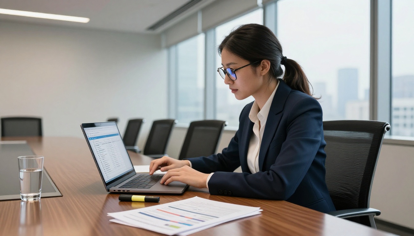 Business analyst in a boardroom reviewing AI-generated market reports with a clean white chat interface on her laptop