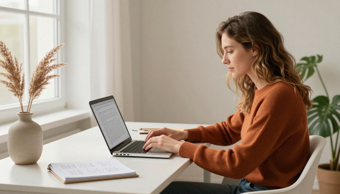 Content writer at a bright minimalist home office with a white laptop, dried pampas grass, and afternoon light from wide windows