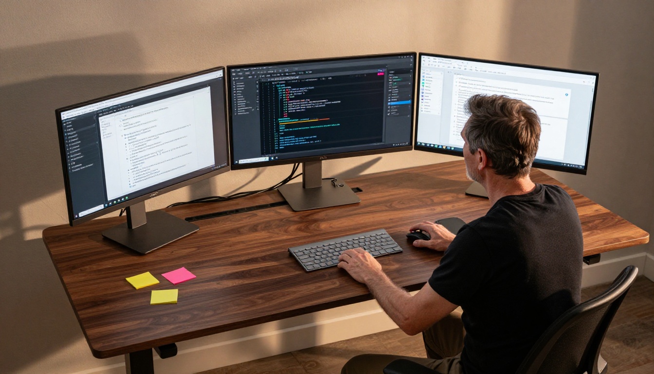 Senior software engineer with three curved monitors showing a git diff, live AI chat, and documentation in an overhead aerial view