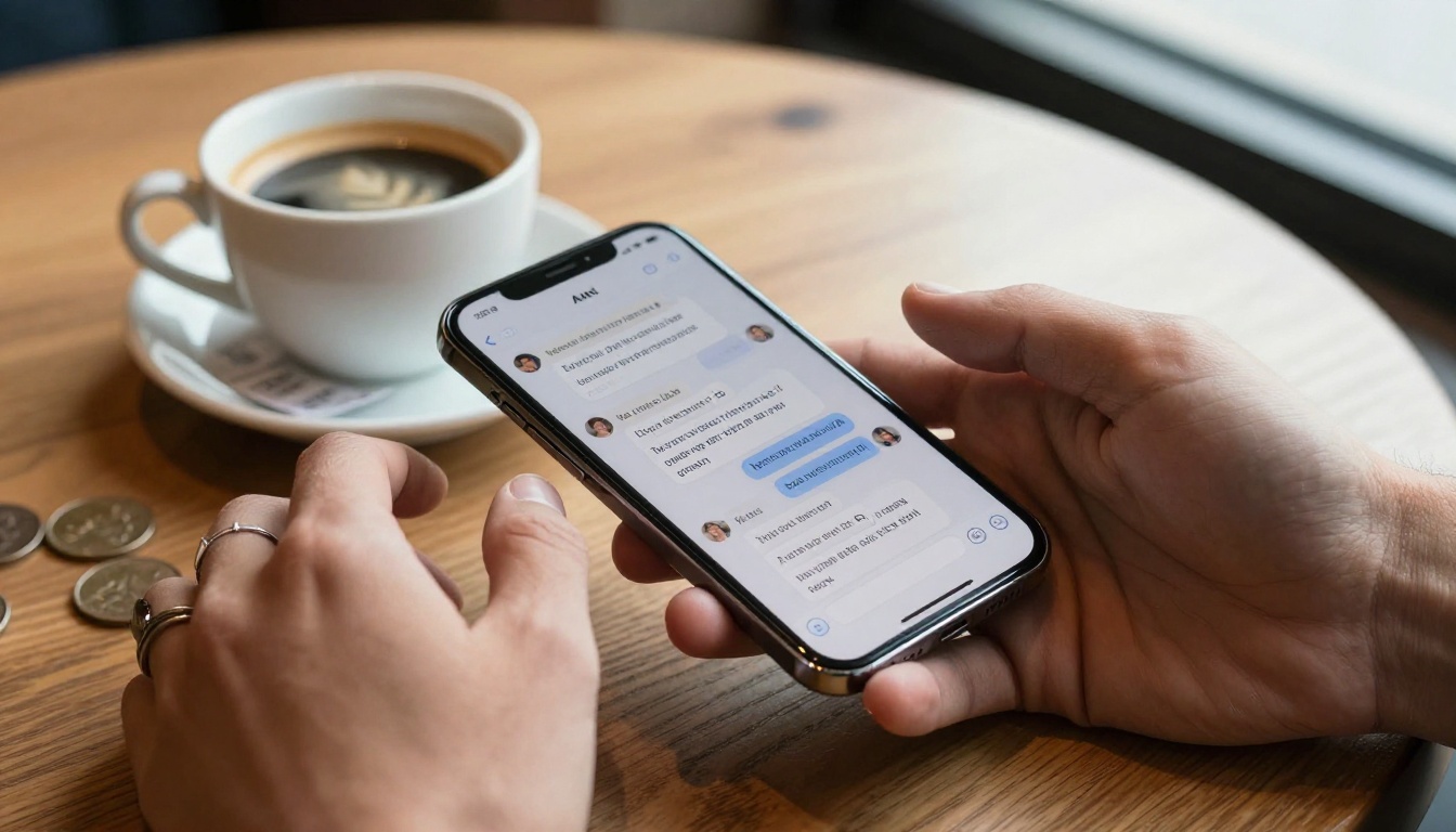 Person using a smartphone to interact with an AI chat interface at a warm wooden cafe table with an espresso nearby