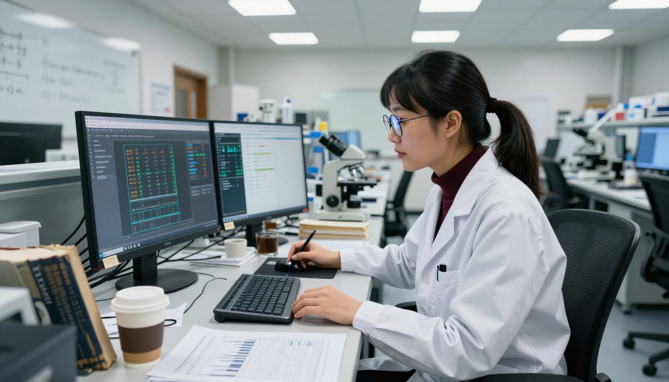 Data scientist in a university research lab surrounded by printed statistical charts and a whiteboard with equations