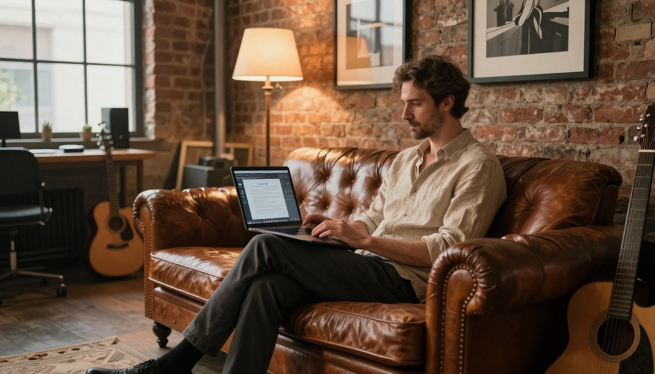Freelance creative director working cross-legged on a leather sofa in a loft apartment with exposed brick walls and warm floor lamp lighting