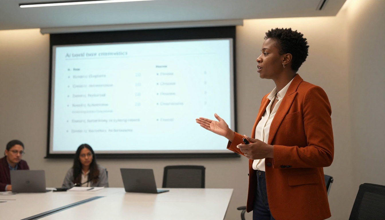 Product manager giving a presentation comparing two AI tools in a modern conference room with her team