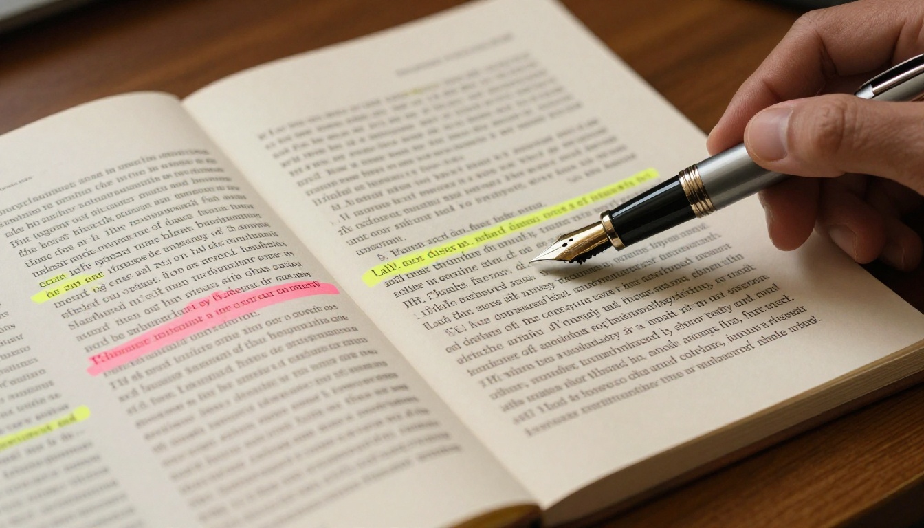 Highlighted contract clauses on mahogany table with fountain pen