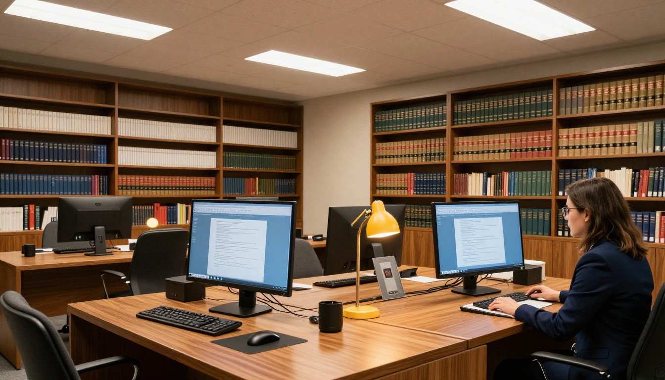 Female lawyer working at desk with dual monitors in modern law office