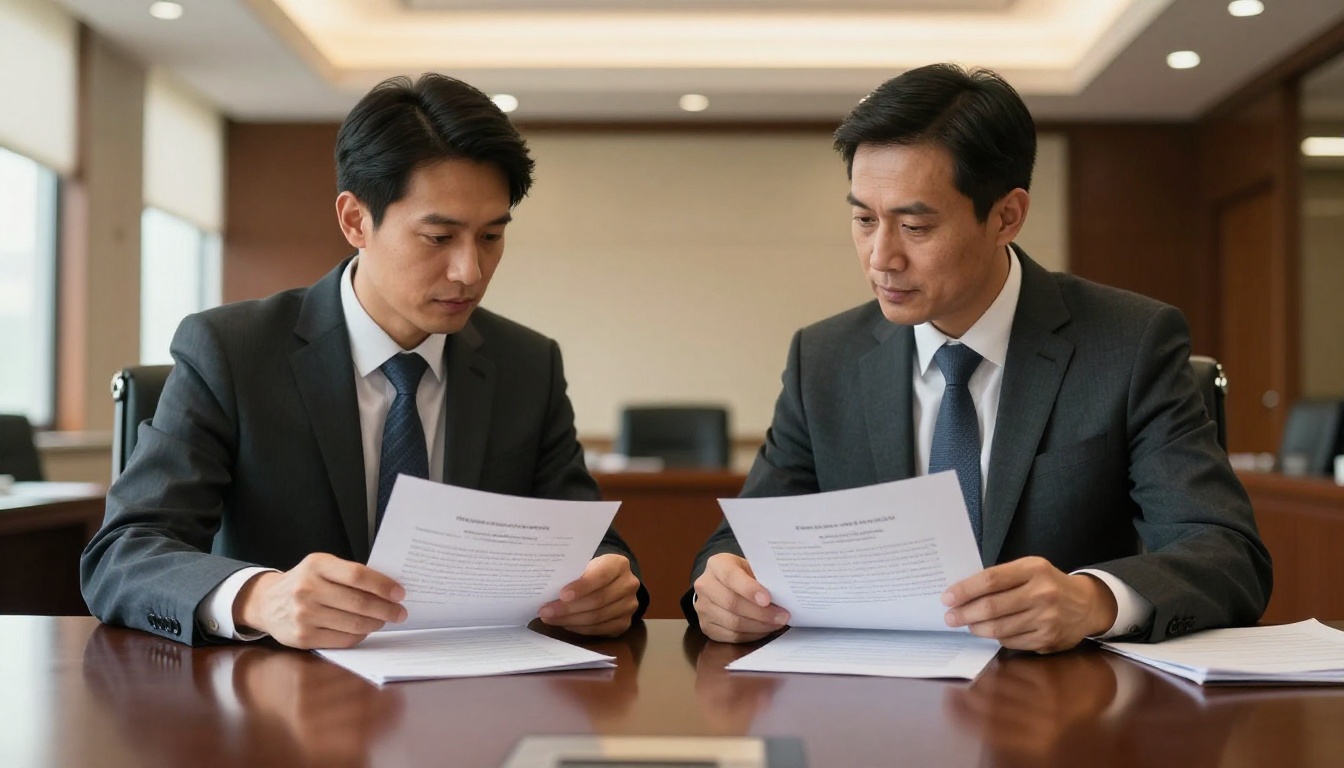 Two attorneys comparing legal documents at conference table