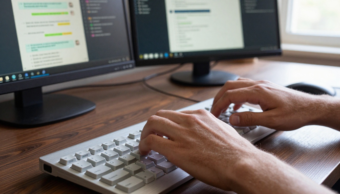 Hands typing on mechanical keyboard with AI customer support chat interfaces visible on bokeh background monitors