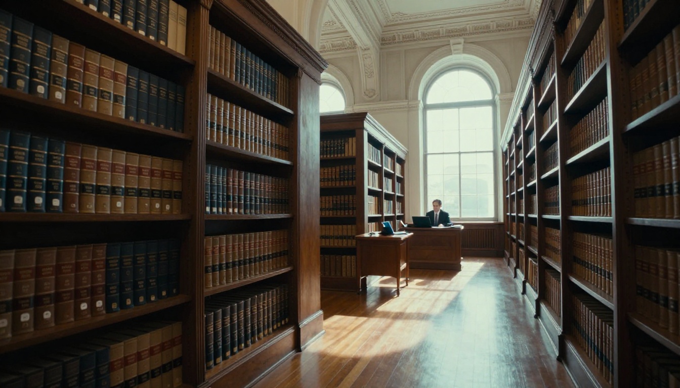 Male attorney studying legal documents in traditional law library