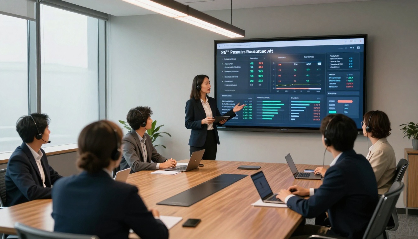 Customer support team reviewing live AI analytics on large boardroom screen with diverse professionals