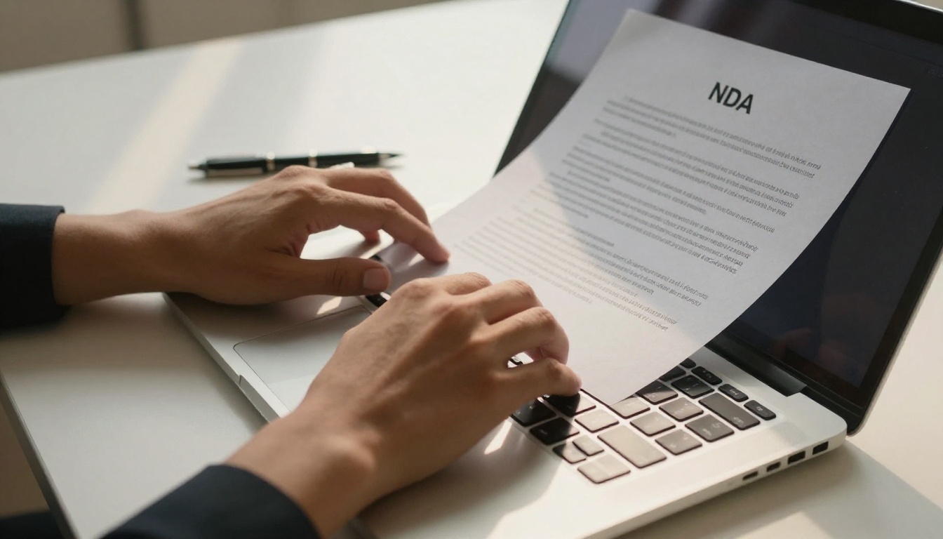 Attorney hands typing on laptop next to printed NDA document
