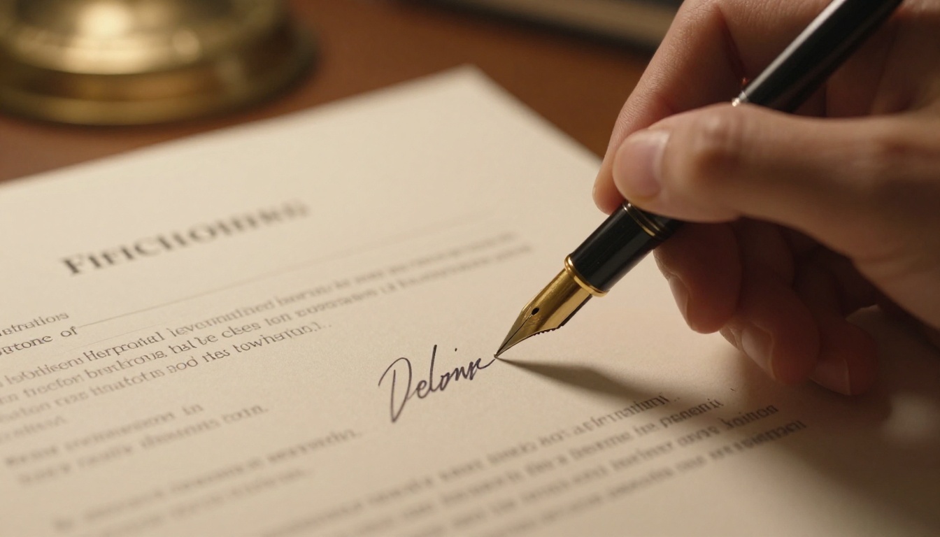 Gold fountain pen signing legal contract document close-up