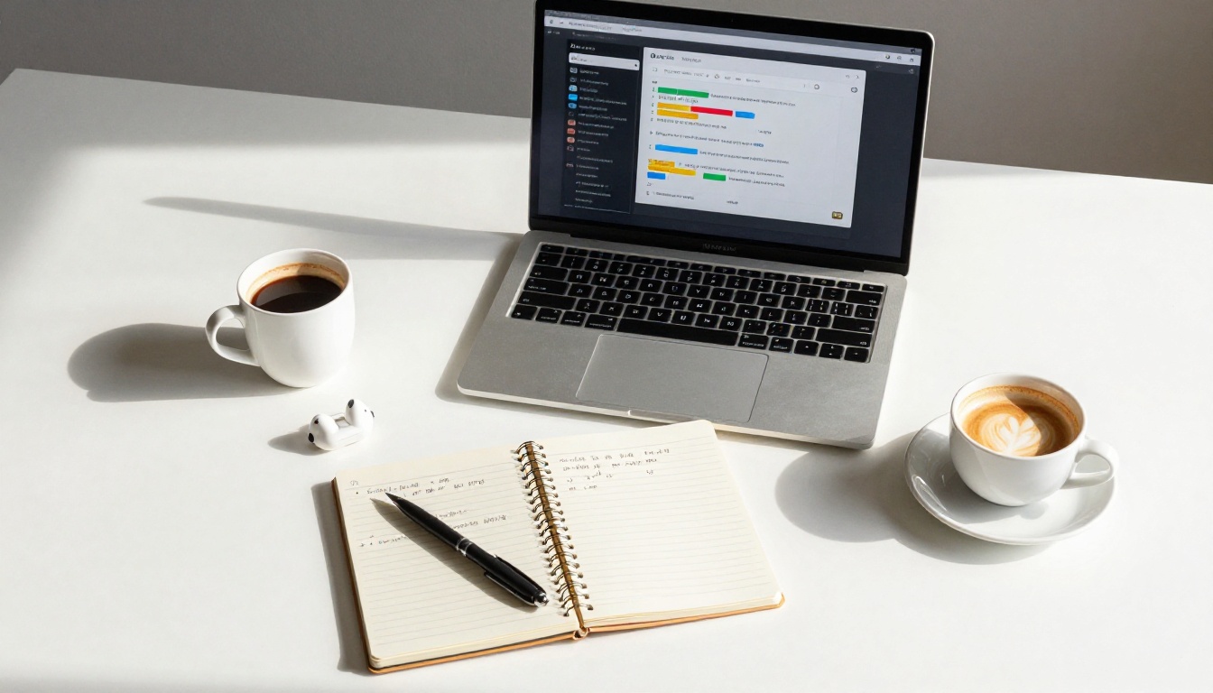 Minimalist overhead flat-lay desk with MacBook showing AI support platform, handwritten notebook, and ceramic coffee cup