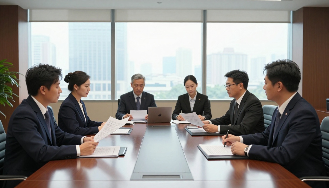 Legal team in conference room reviewing documents spread on glass table