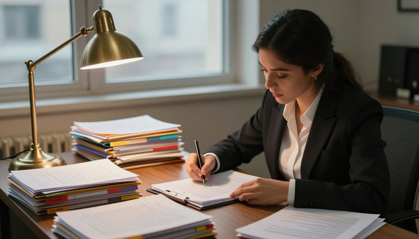 Young female attorney conducting due diligence document review surrounded by organized folders