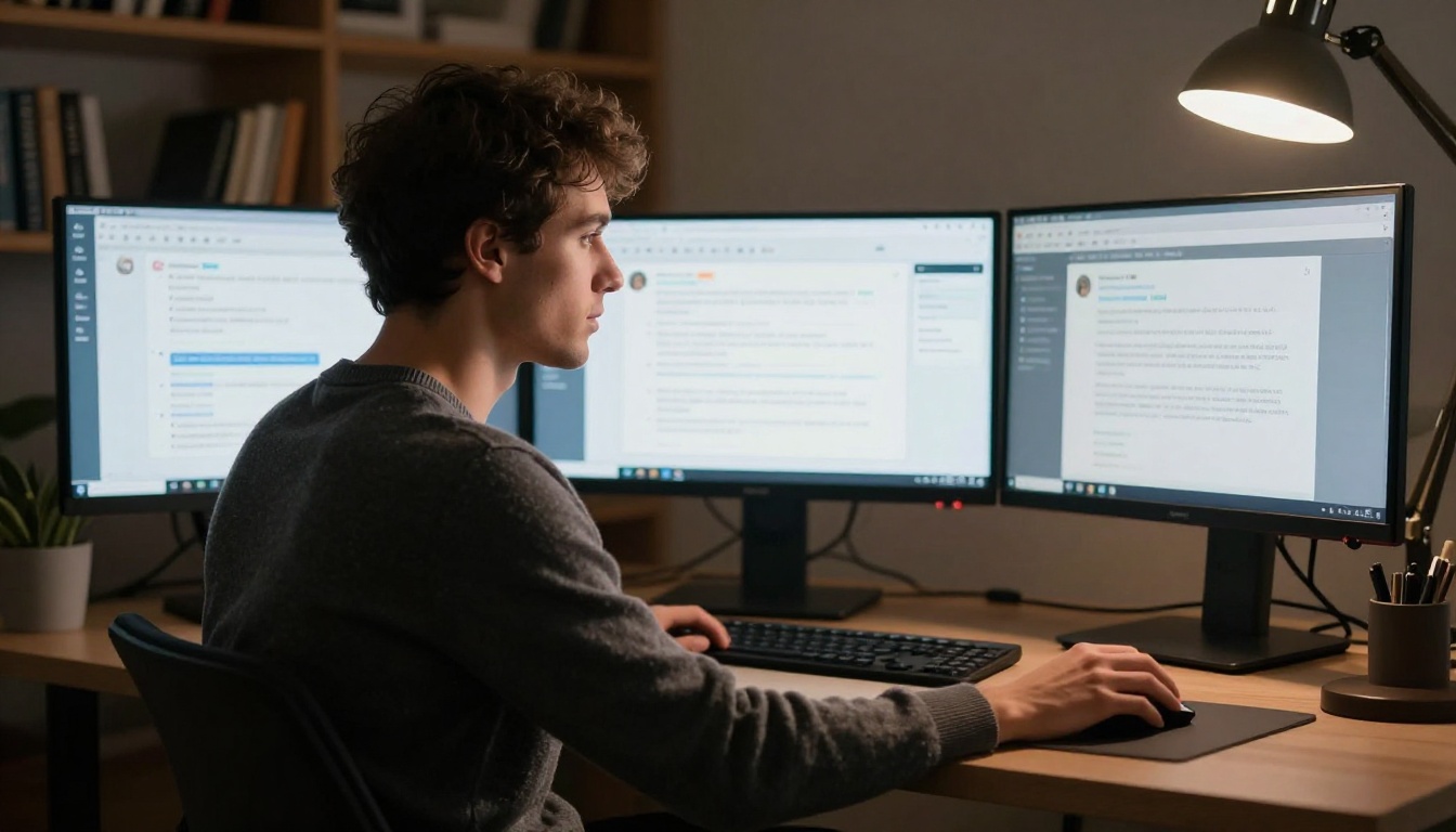 Focused professional man using three-monitor AI customer support setup in dimly lit home office with chiaroscuro lighting