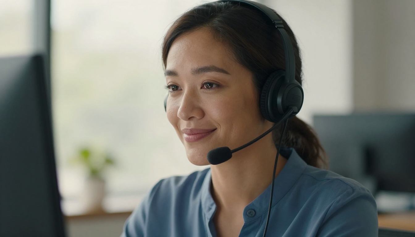 Professional woman with headset showing satisfied expression at AI support platform in bright open office with morning light