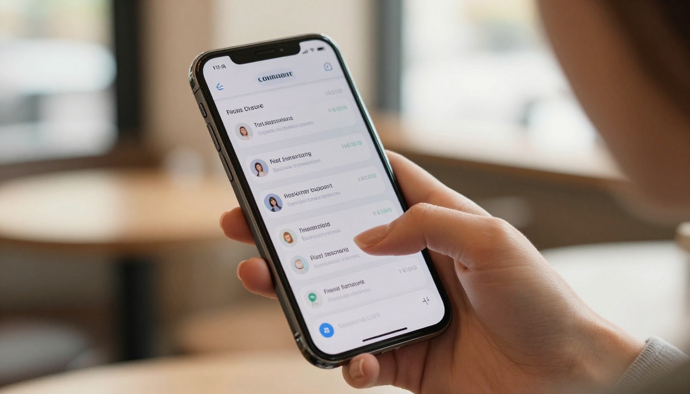Close-up of smartphone showing AI customer support mobile interface with response suggestions in warm coffee shop bokeh