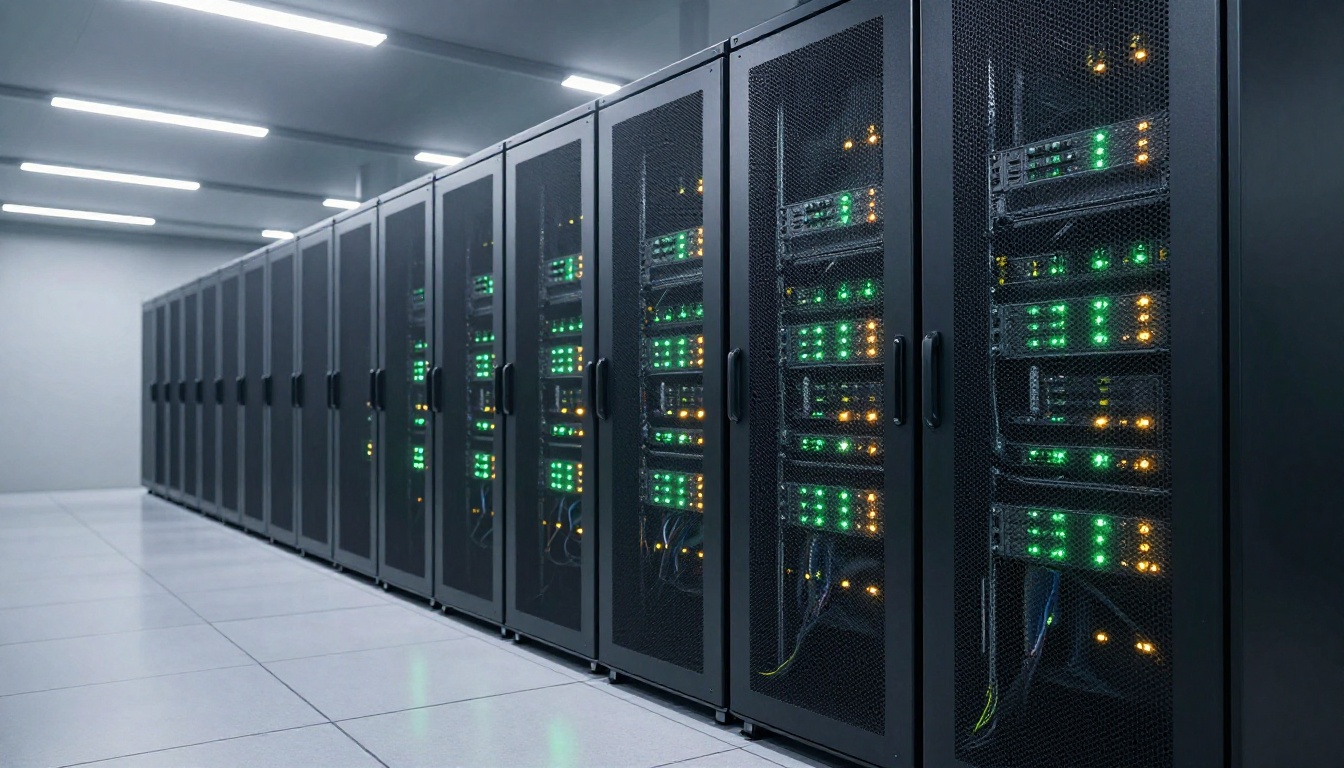 Enterprise server room corridor with rows of black server racks and active indicator LEDs in clean photorealistic industrial photography