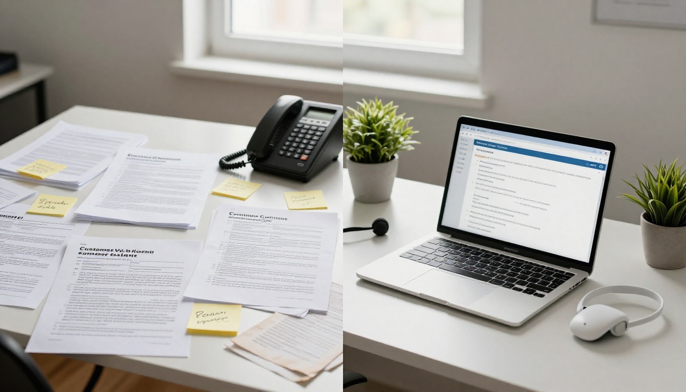 Overhead split-desk view: cluttered paper ticket forms on left side versus clean AI-powered support setup on right side