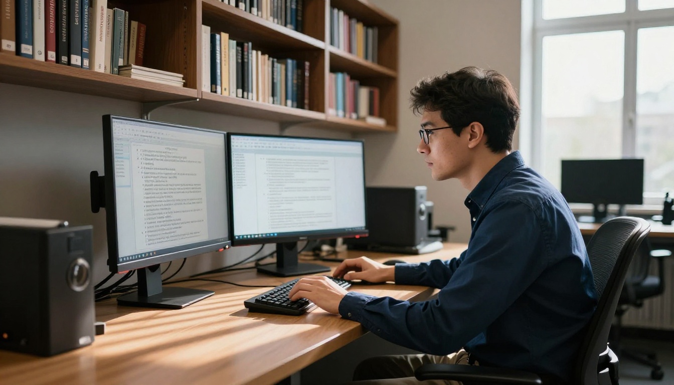AI researcher comparing outputs from two different language models side by side on dual monitors AI researcher comparing outputs from two different language models side by side on dual monitors