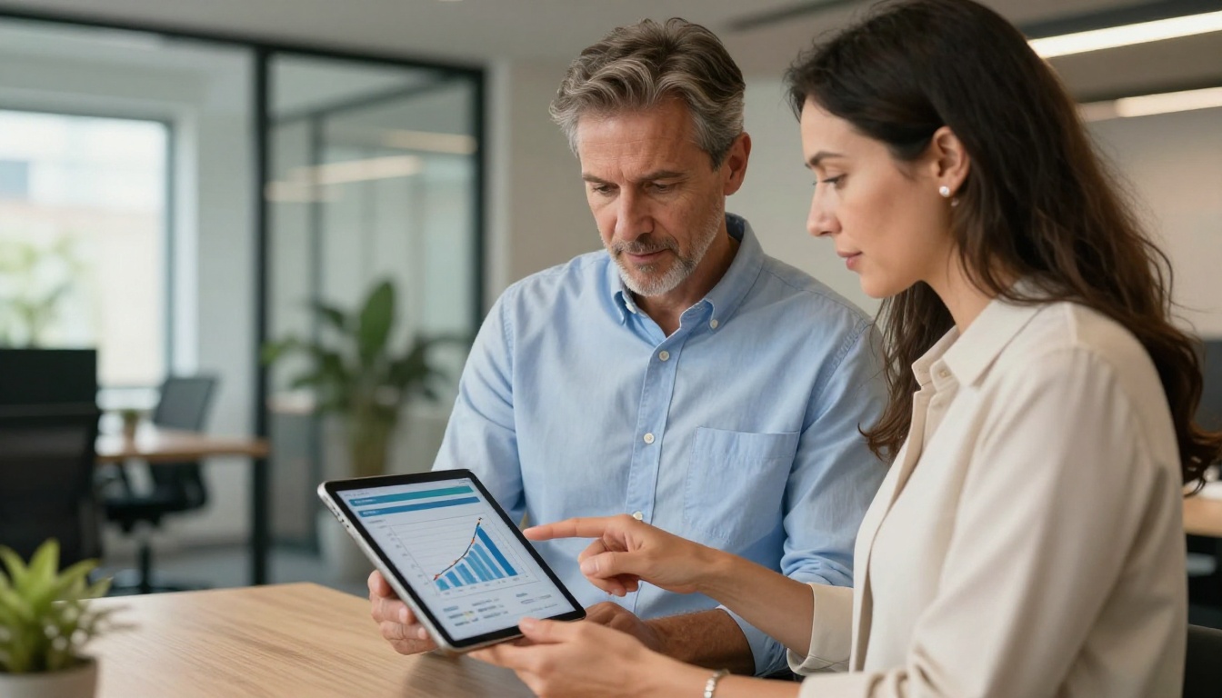 Two professionals reviewing customer satisfaction improvement trend on tablet in modern open office with natural daylight
