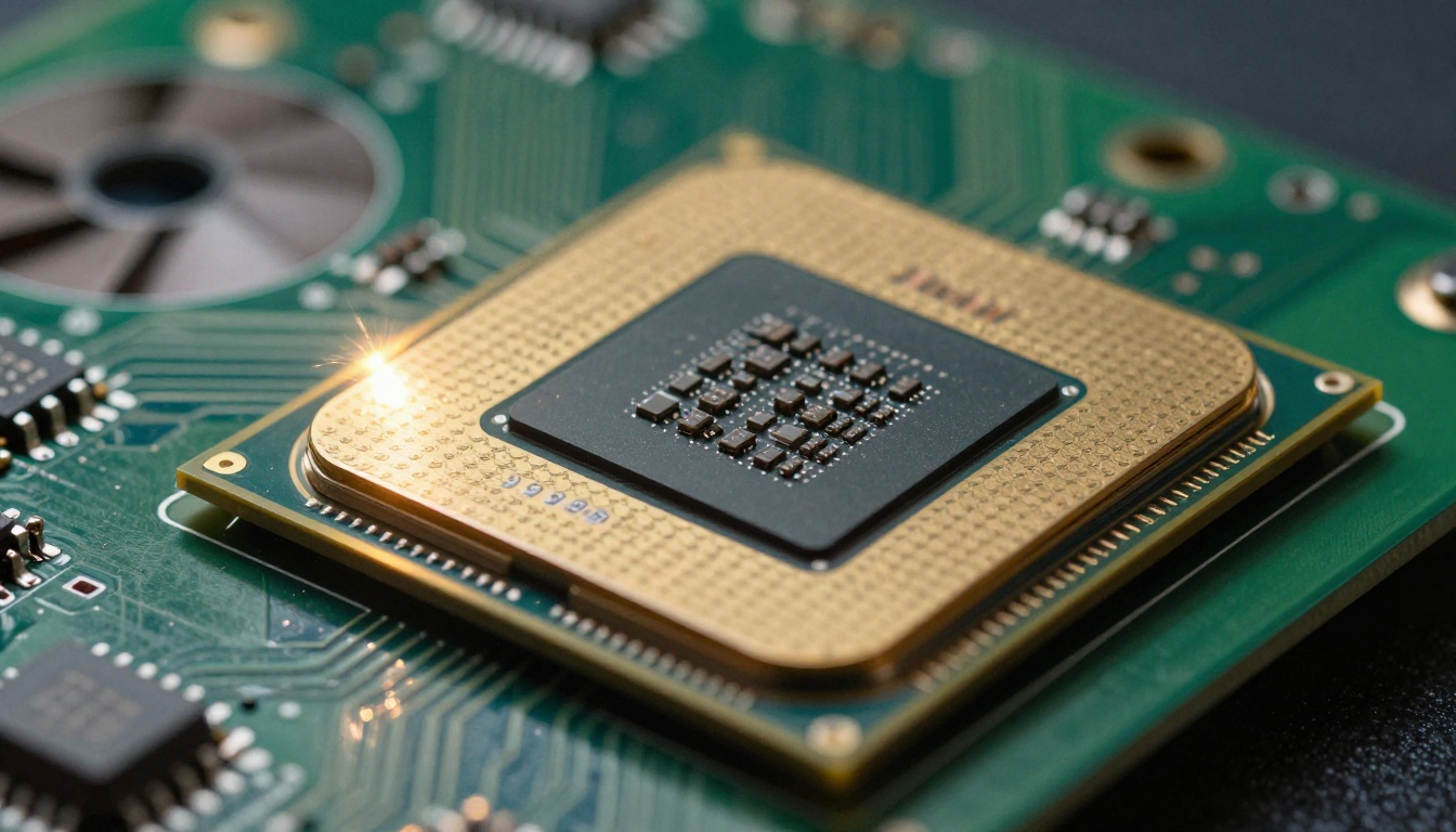 Extreme close-up macro photography of a CPU processor chip on circuit board with raking light Extreme close-up macro photography of a CPU processor chip on circuit board with raking light