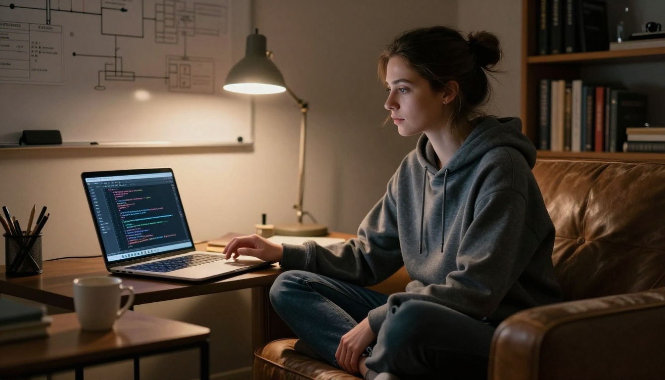 Software engineer debugging Python code on a laptop in a dimly lit home office at night Software engineer debugging Python code on a laptop in a dimly lit home office at night