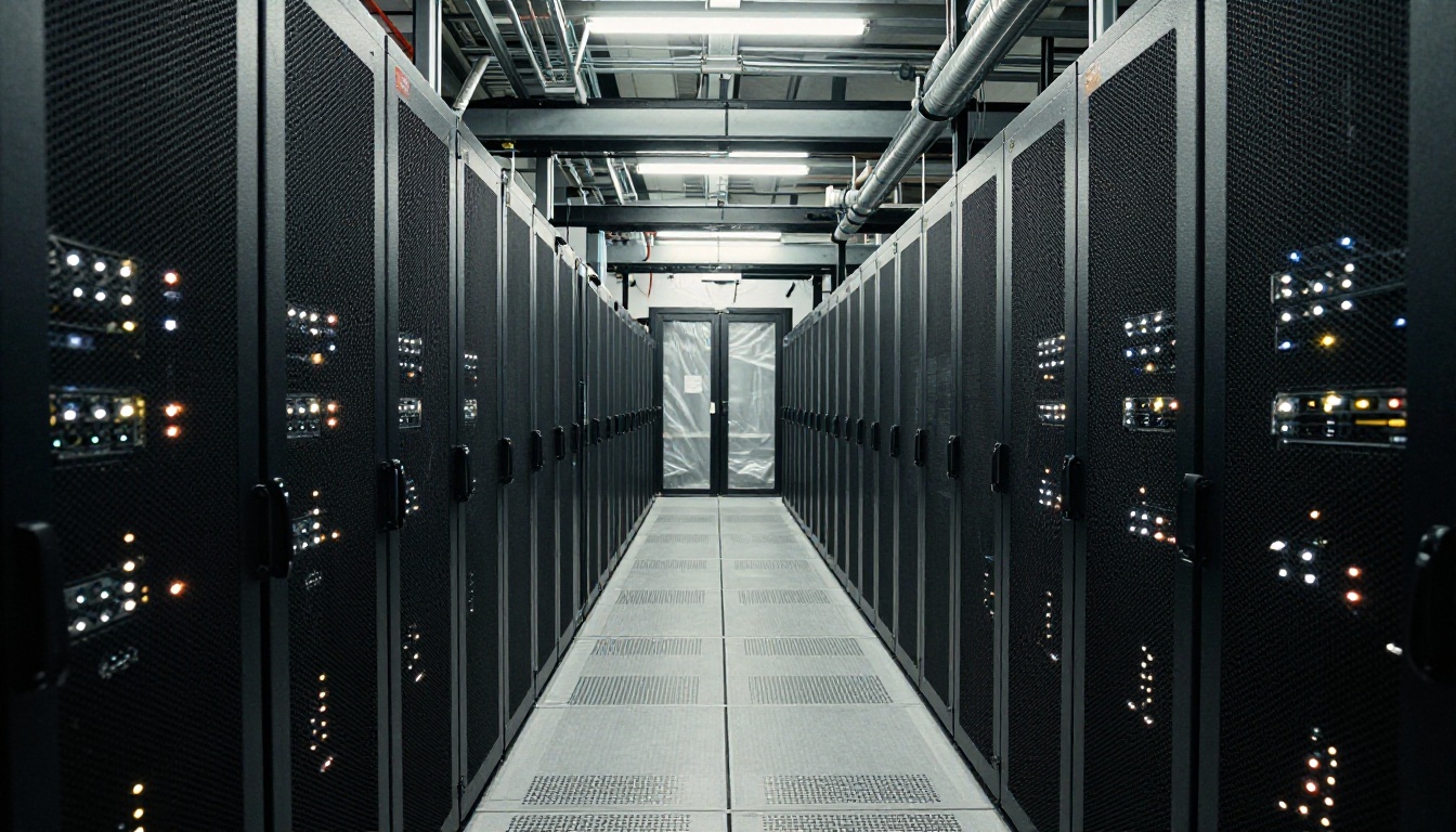 Hyperscale data center server aisle with rows of black rack-mounted servers stretching to a vanishing point Hyperscale data center server aisle with rows of black rack-mounted servers stretching to a vanishing point