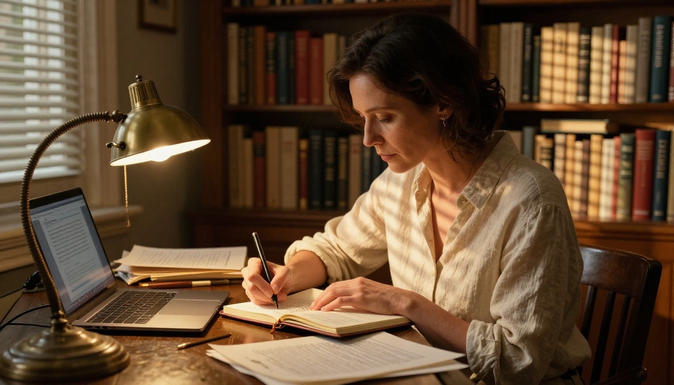 Female professional writer at an antique rolltop desk with golden hour light streaming through plantation shutters Female professional writer at an antique rolltop desk with golden hour light streaming through plantation shutters