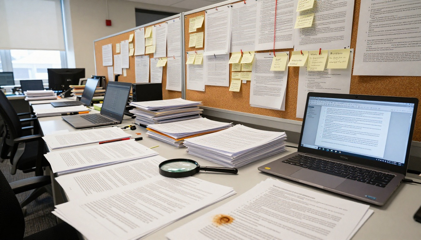 Wide-angle office research station covered in printed documents with corkboard full of pinned papers and connecting string Wide-angle office research station covered in printed documents with corkboard full of pinned papers and connecting string