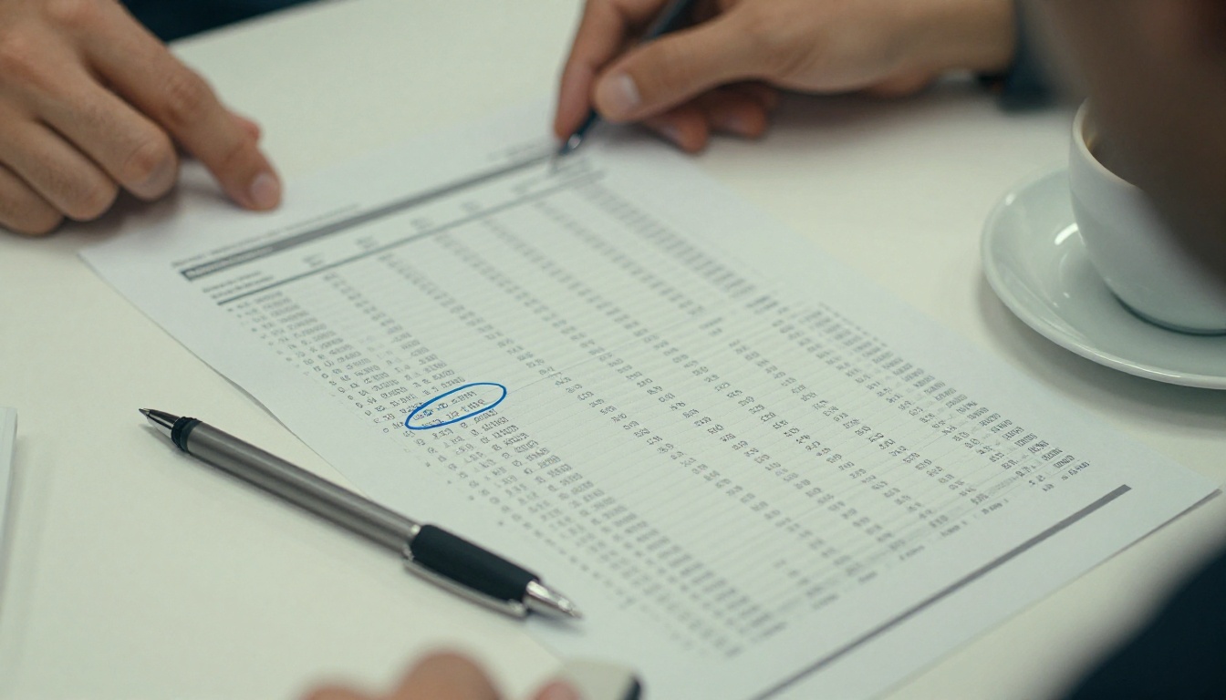 Close-up of a business financial report on a conference table with circled figures and a mechanical pencil Close-up of a business financial report on a conference table with circled figures and a mechanical pencil