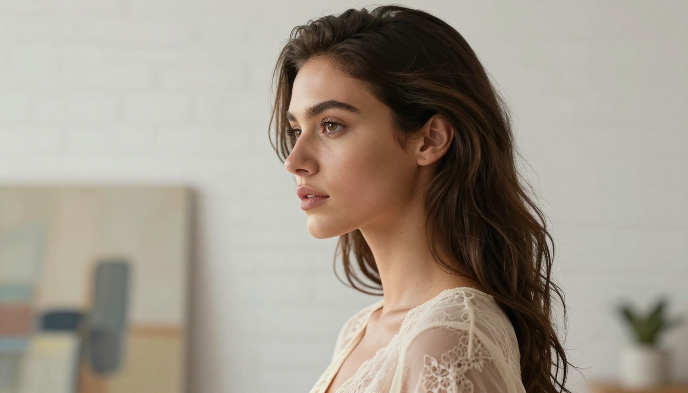 Stunning brunette woman in artistic side-lighting in a whitewashed studio Stunning brunette woman in artistic side-lighting in a whitewashed studio