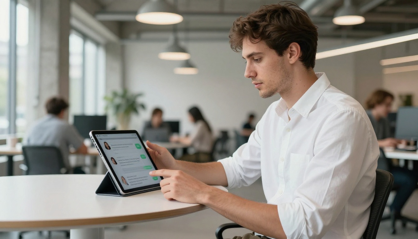 Young professional using an AI chat interface on an iPad in a modern open-plan co-working space Young professional using an AI chat interface on an iPad in a modern open-plan co-working space
