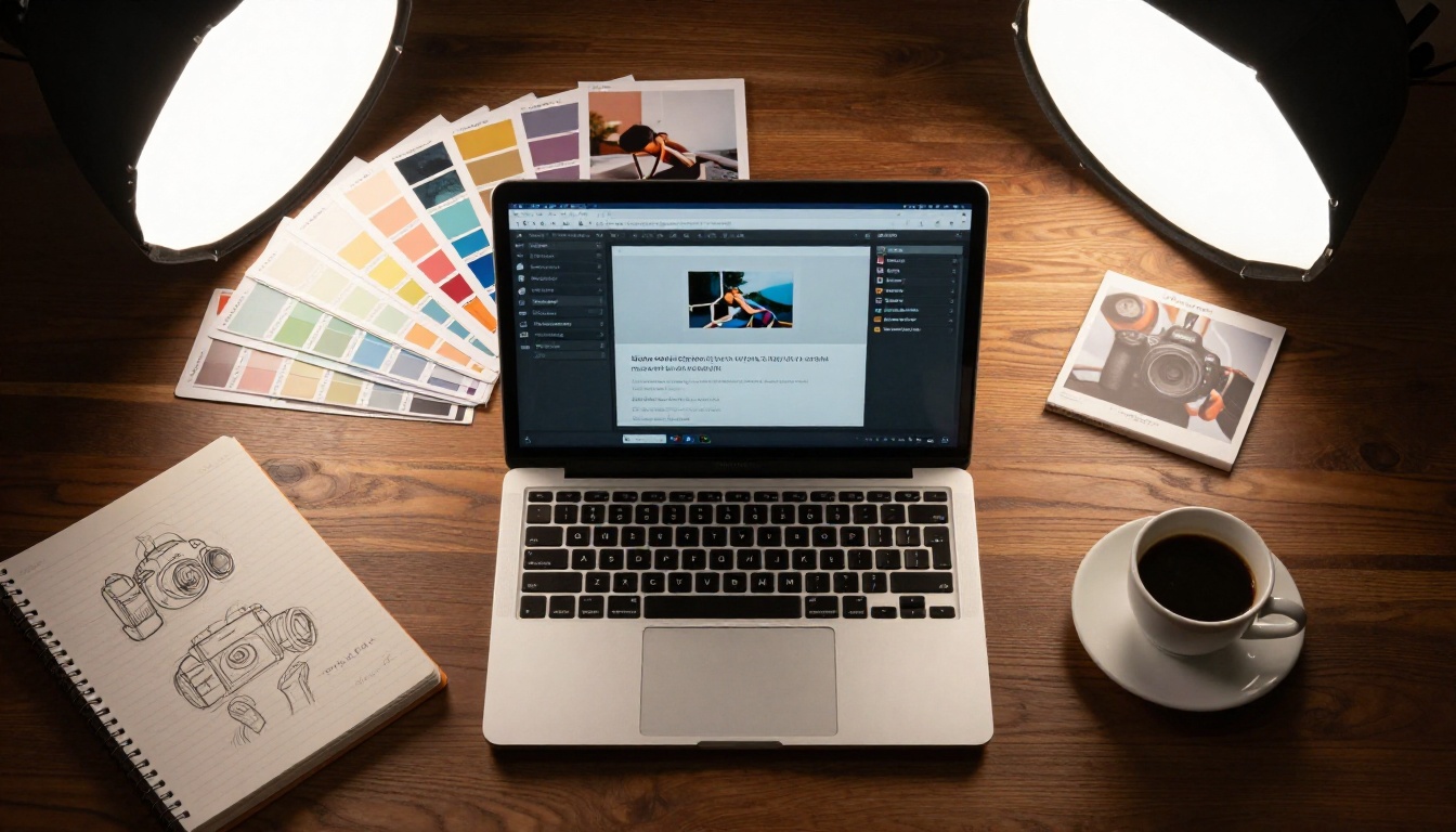 Overhead flat-lay of a laptop open to an AI image generation platform surrounded by printed photos and design tools on a dark walnut desk Overhead flat-lay of a laptop open to an AI image generation platform surrounded by printed photos and design tools on a dark walnut desk